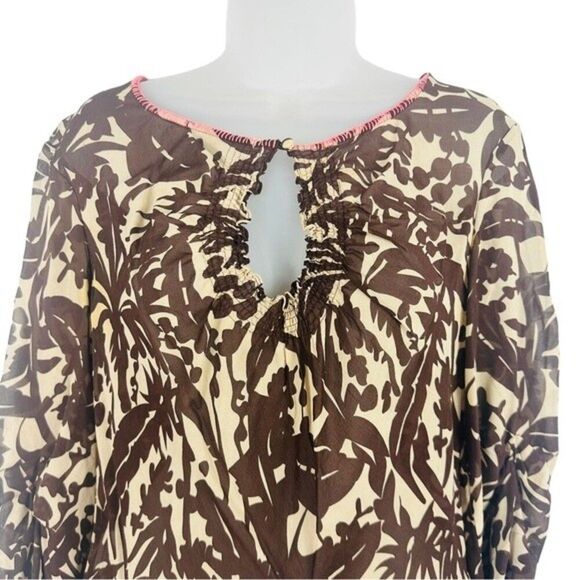 Bcbgmaxazria Brown And Cream Silk Side Tie Peasant Blouse Sz. S - Picture 1 of 9